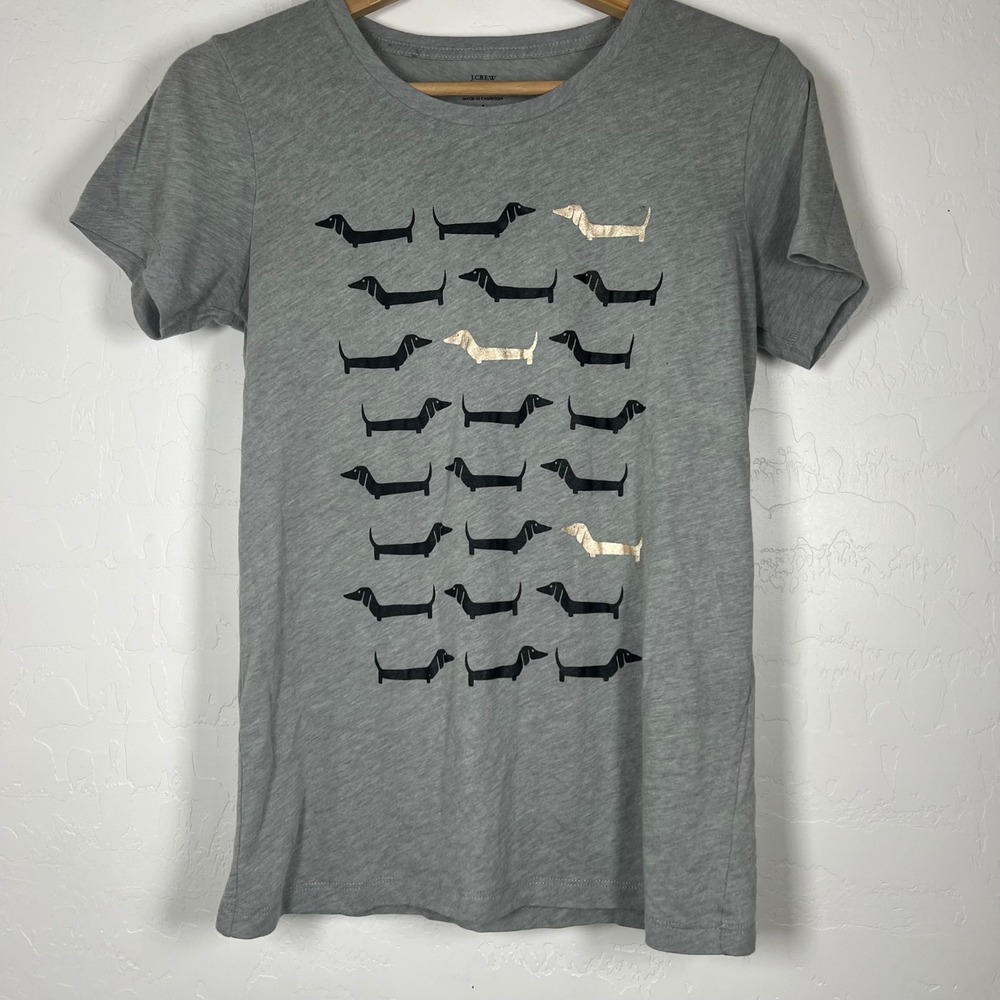 J.Crew Collector Tee Gray Dachshund Dog Graphic T-Shirt Gold Foil Small E0520